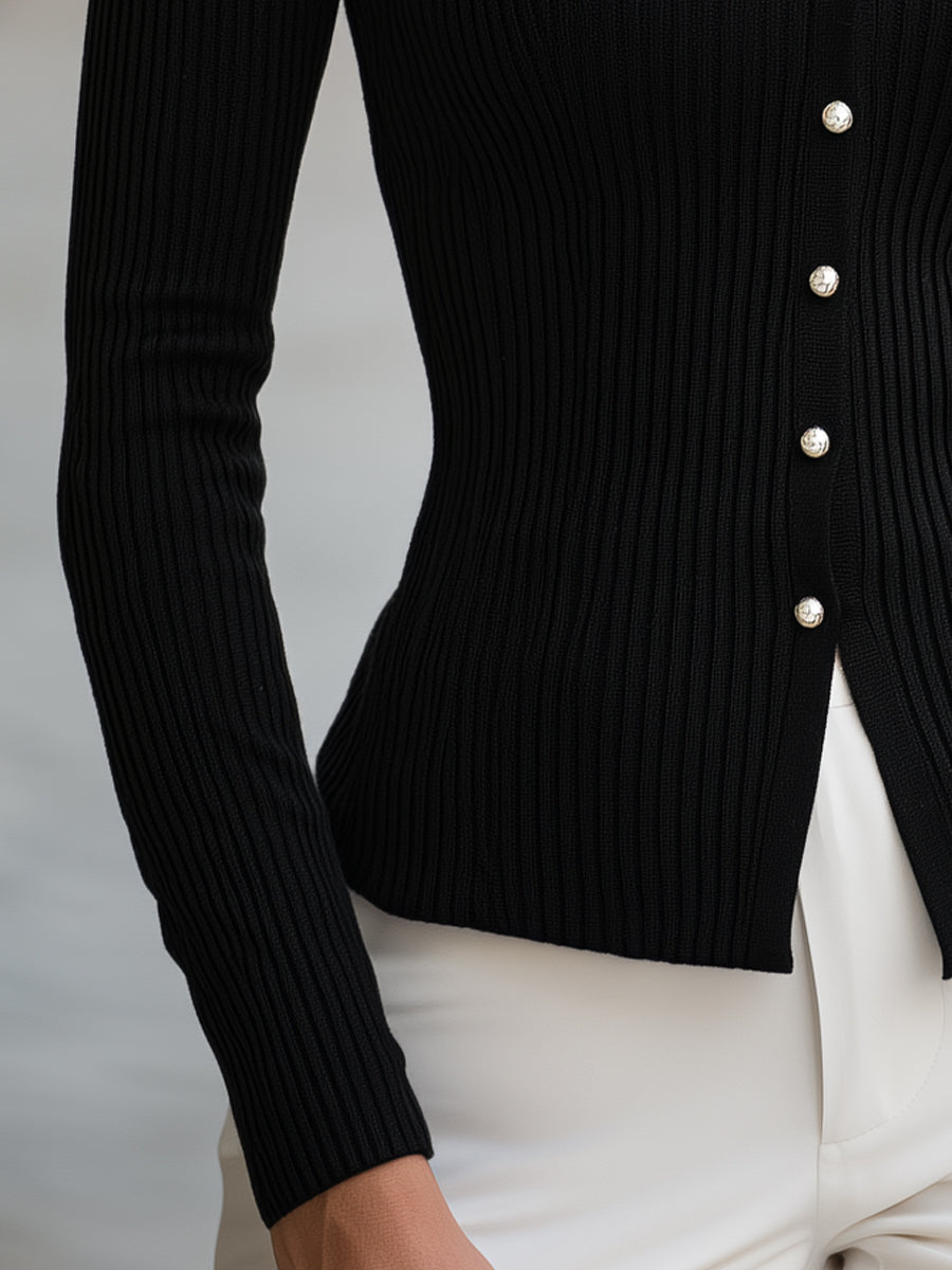 Black polo collar ribbed sweater - Lana Fiorelli
