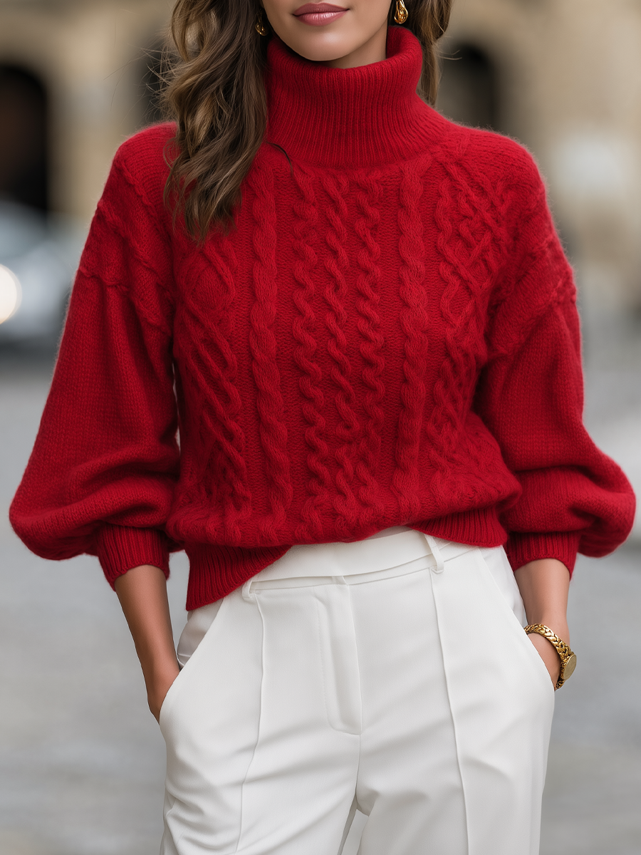 Red cable knit turtleneck sweater - Lana Fiorelli