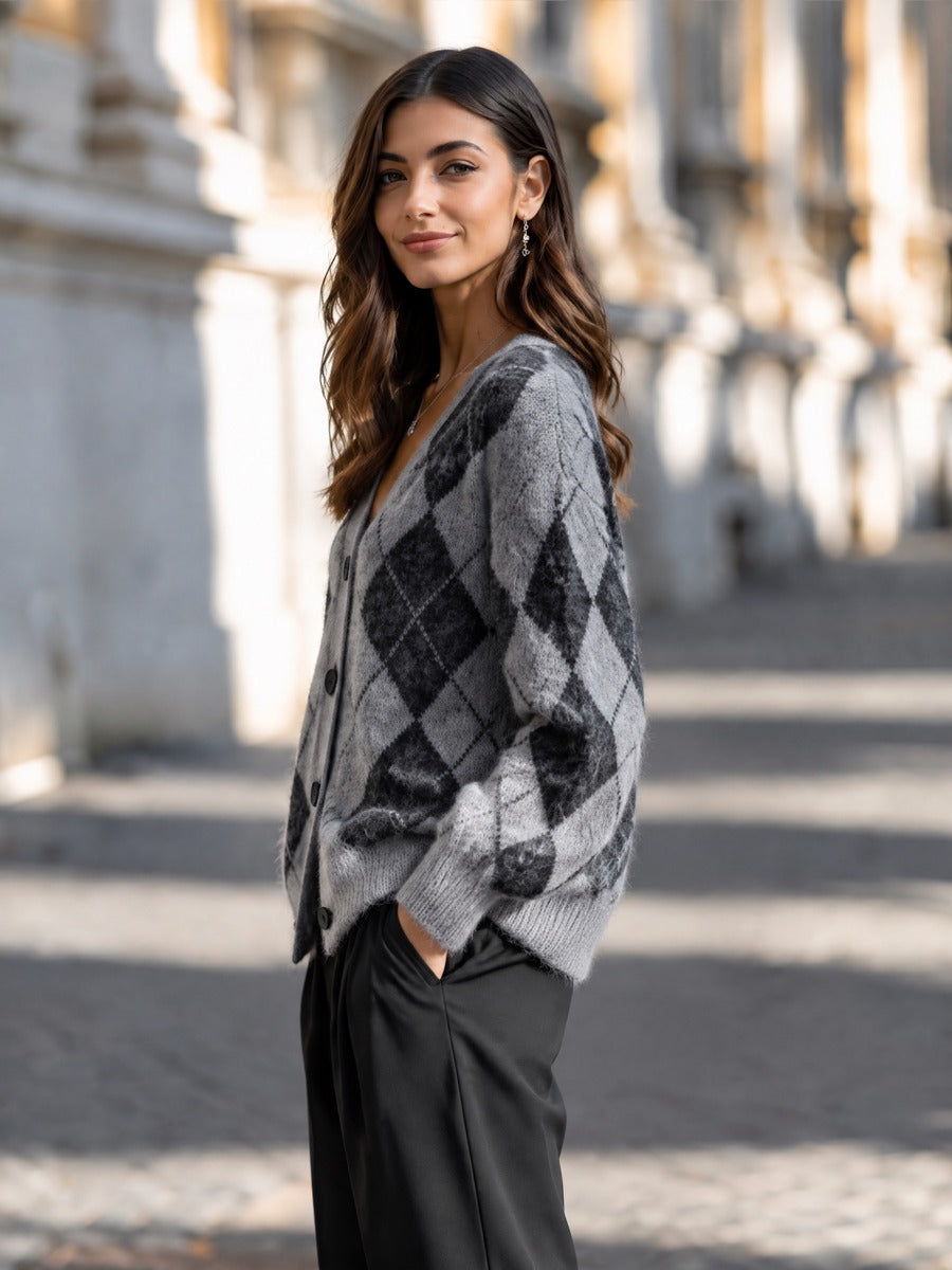 Grey argyle knit cardigan - Lana Fiorelli