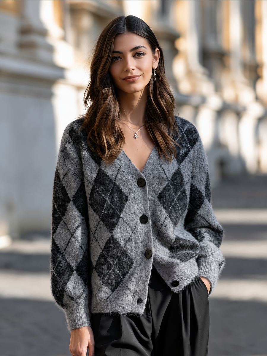 Grey argyle knit cardigan - Lana Fiorelli
