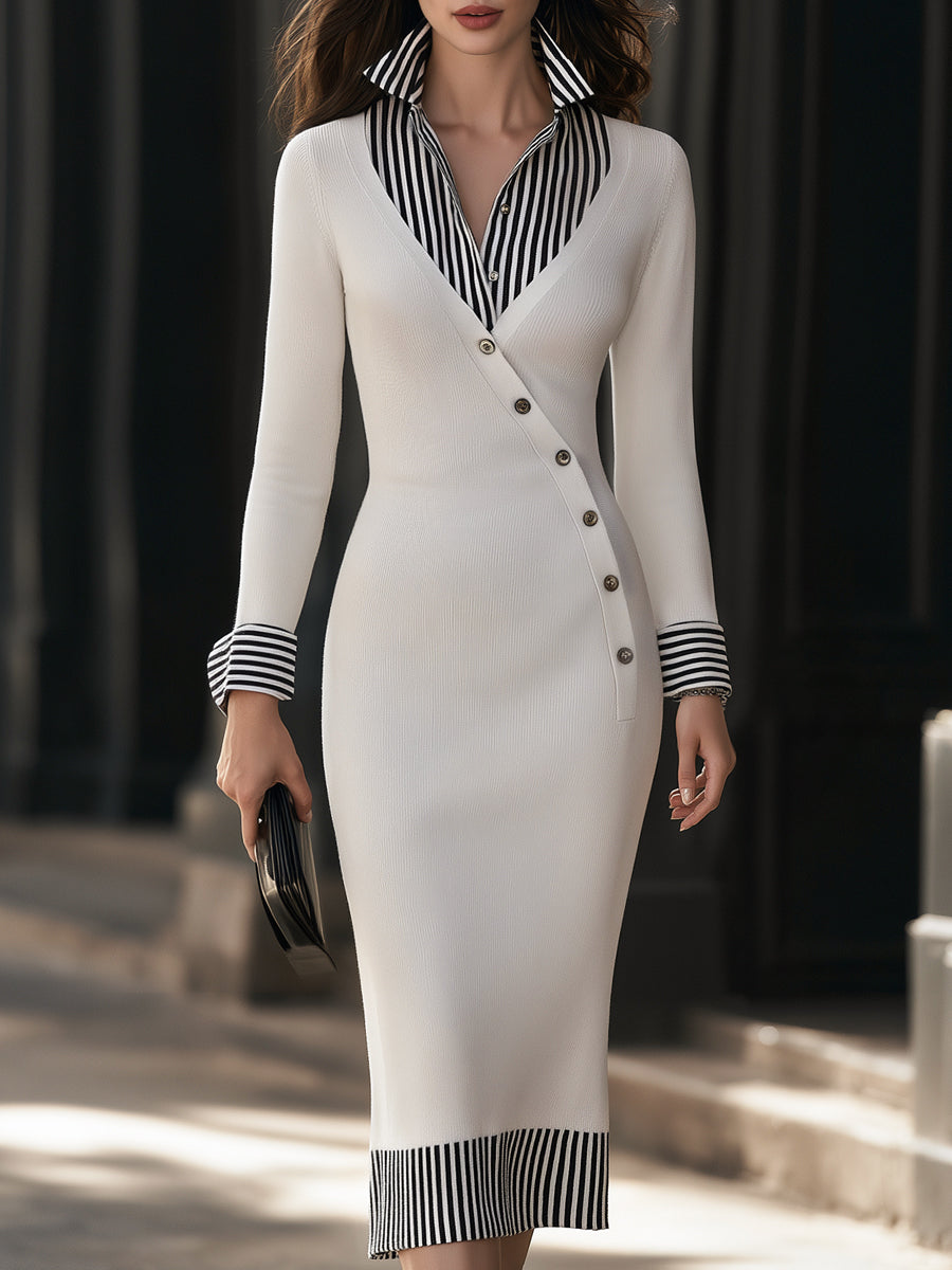 White striped collar knit midi dress - Lana Fiorelli