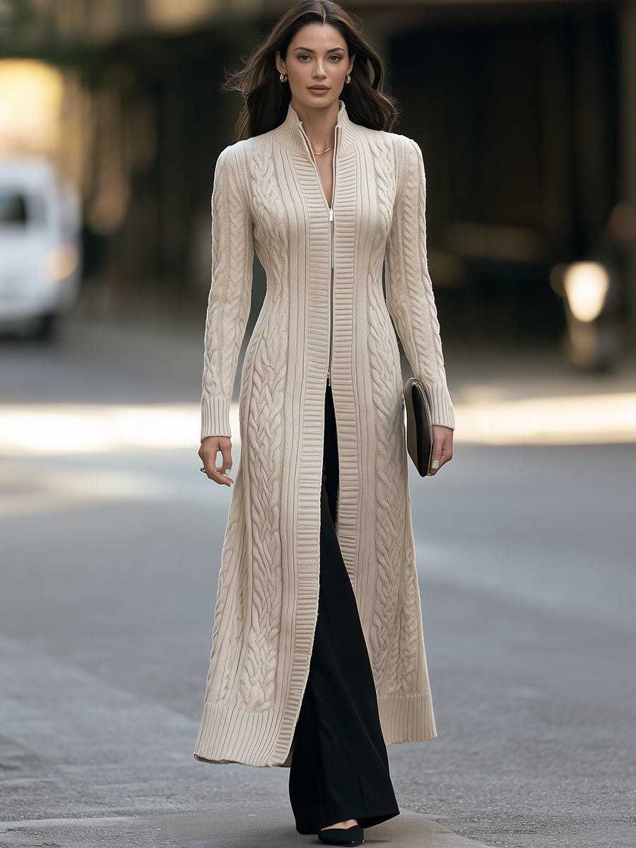 Beige longline cable knit cardigan coat - Lana Fiorelli