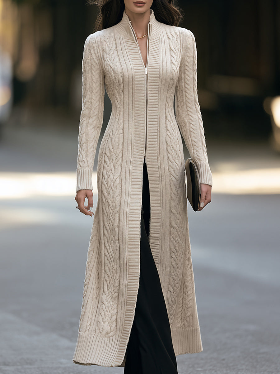 Beige longline cable knit cardigan coat - Lana Fiorelli