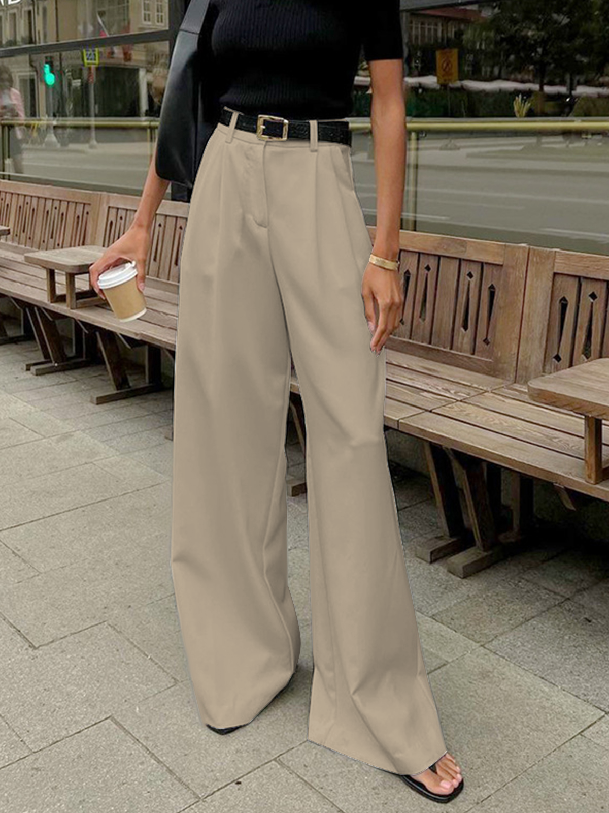 Khaki belted wide leg trousers - Lana Fiorelli