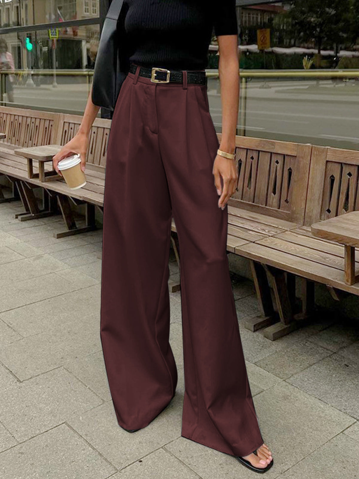 Burgundy belted wide leg trousers - Lana Fiorelli