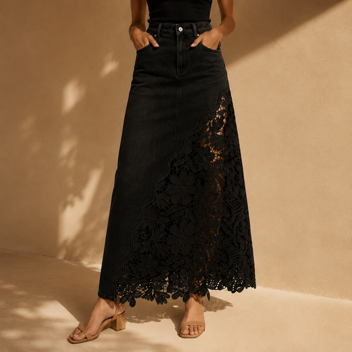 Black lace panel maxi skirt - Lana Fiorelli