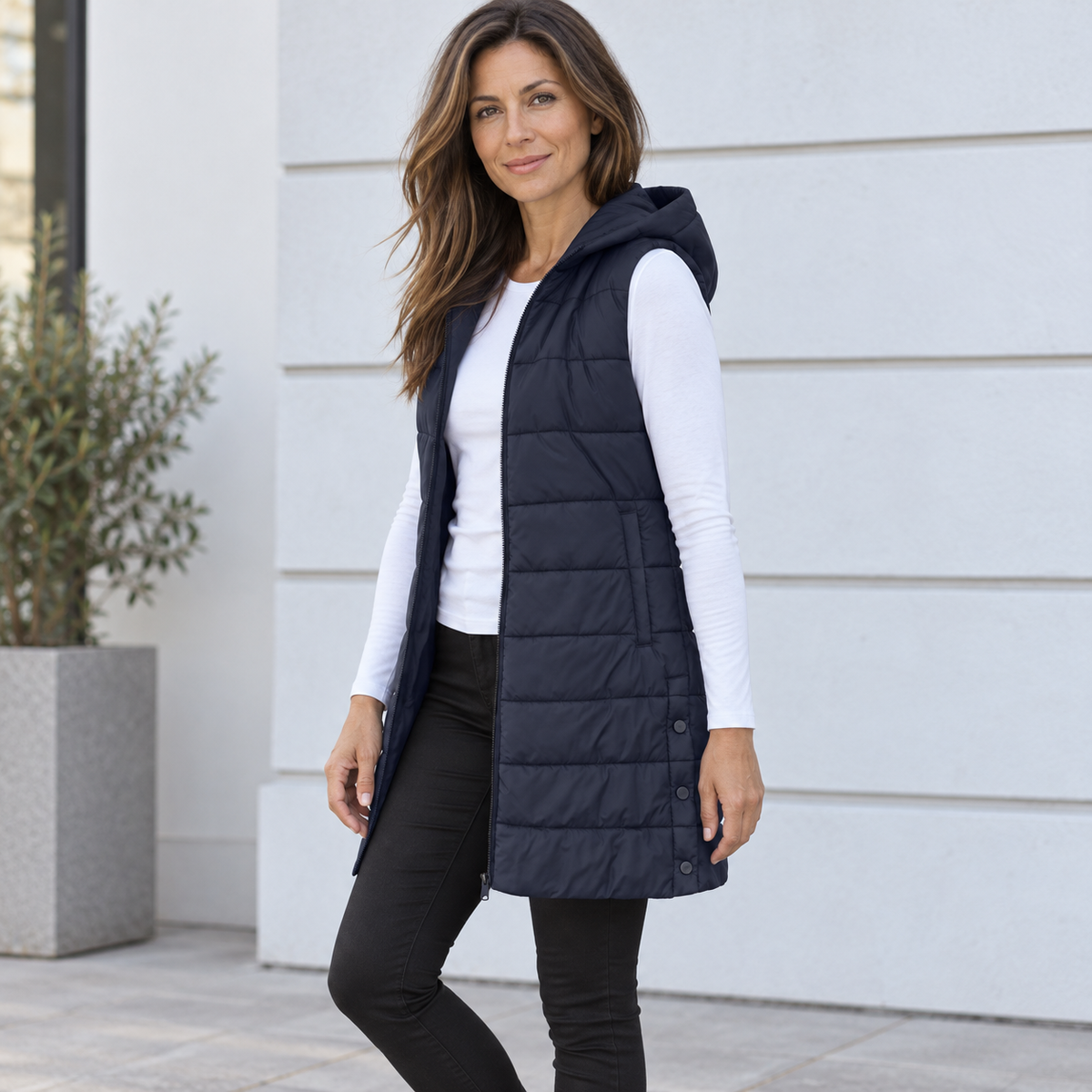 Navy long quilted hooded gilet - Lana Fiorelli