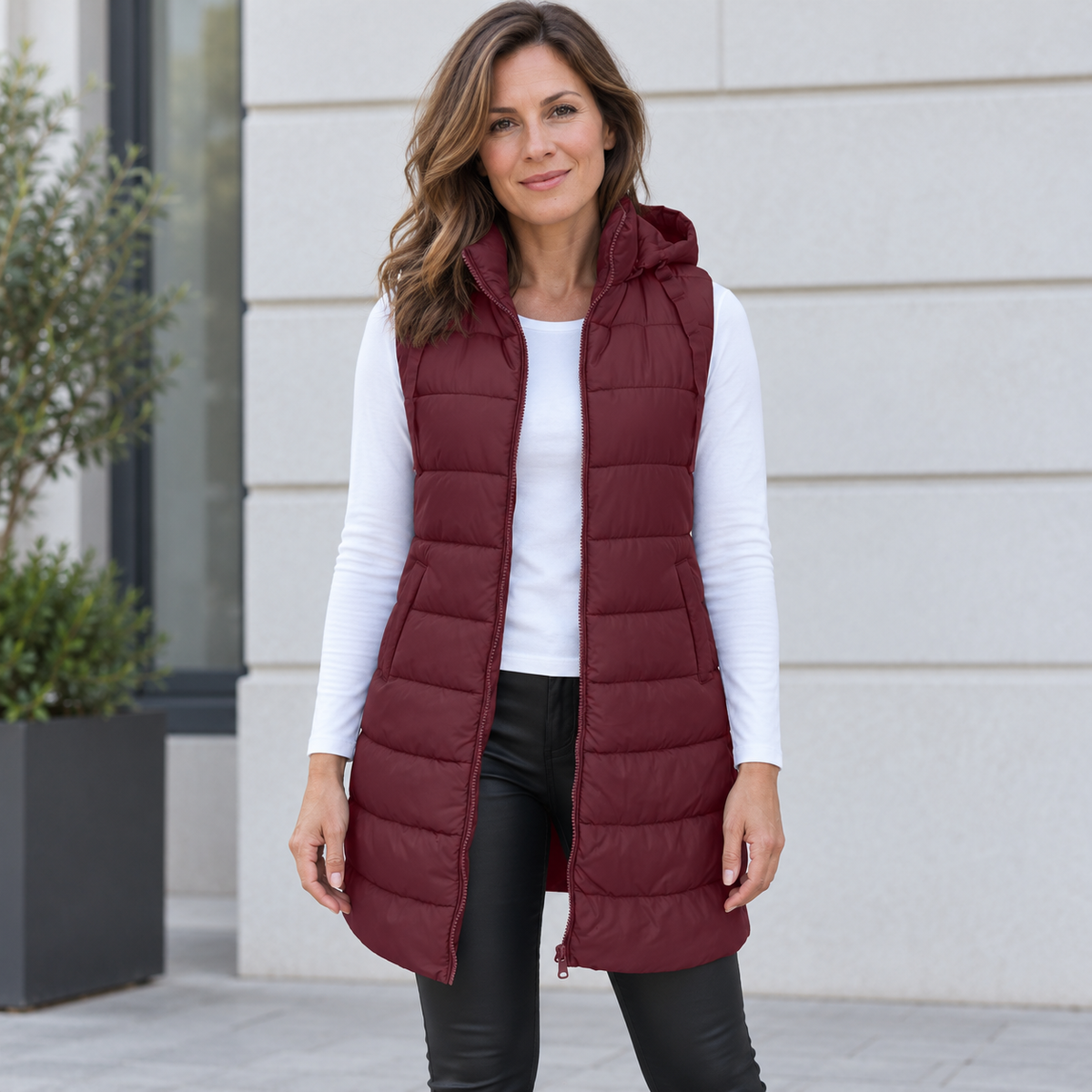 Burgundy long quilted hooded gilet - Lana Fiorelli