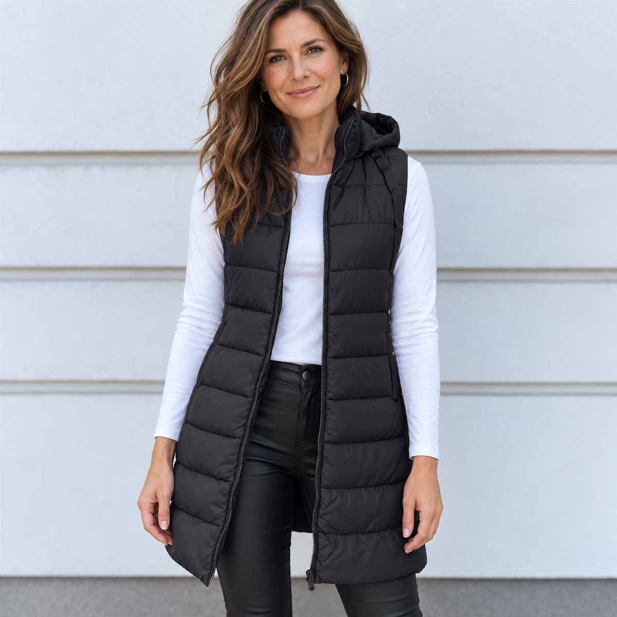 Black long quilted hooded gilet - Lana Fiorelli