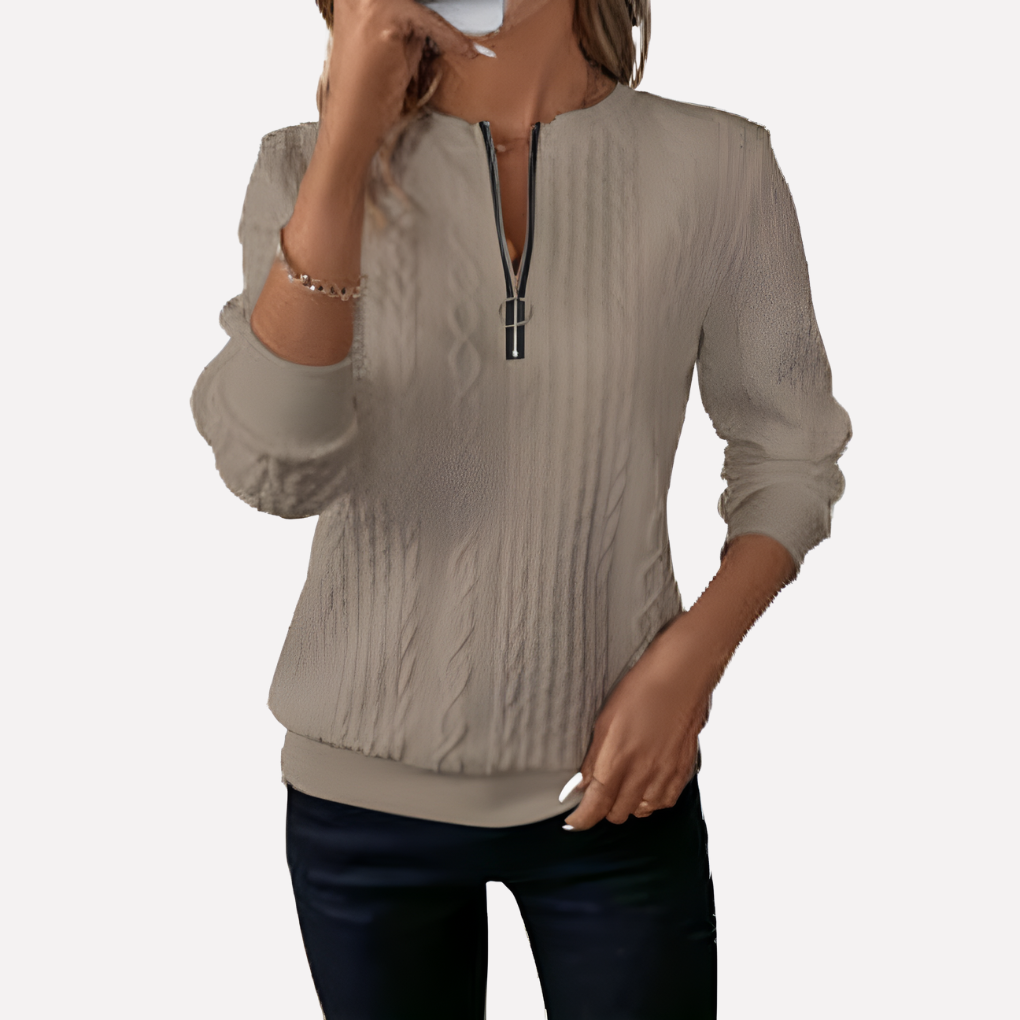 Brown zip neck cable pullover - Lana Fiorelli