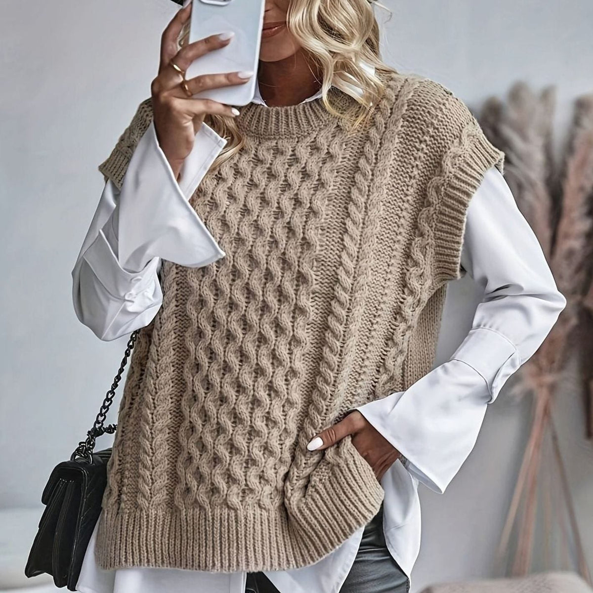 Khaki cable knit sweater vest - Lana Fiorelli