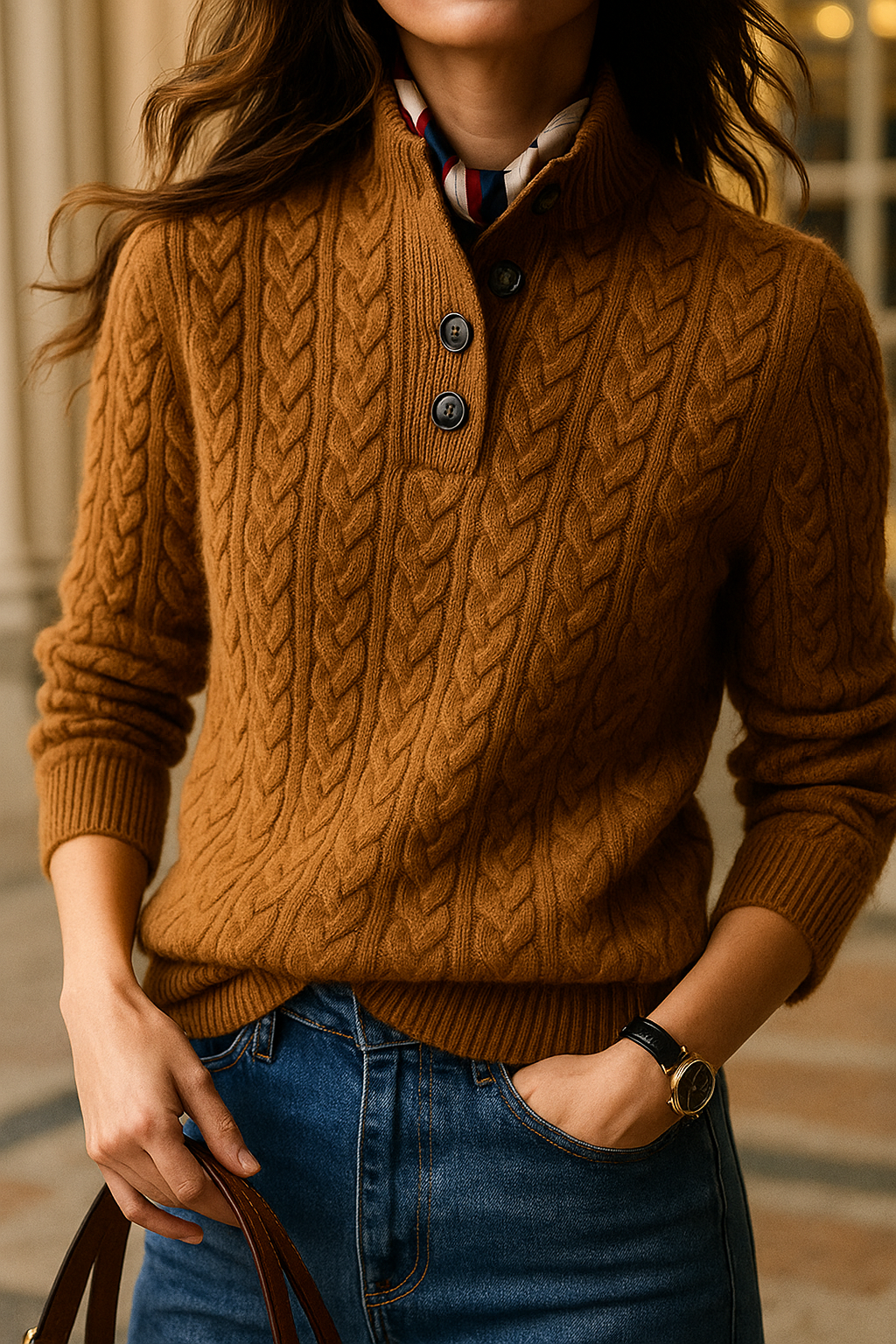 Brown button neck cable sweater - Lana Fiorelli