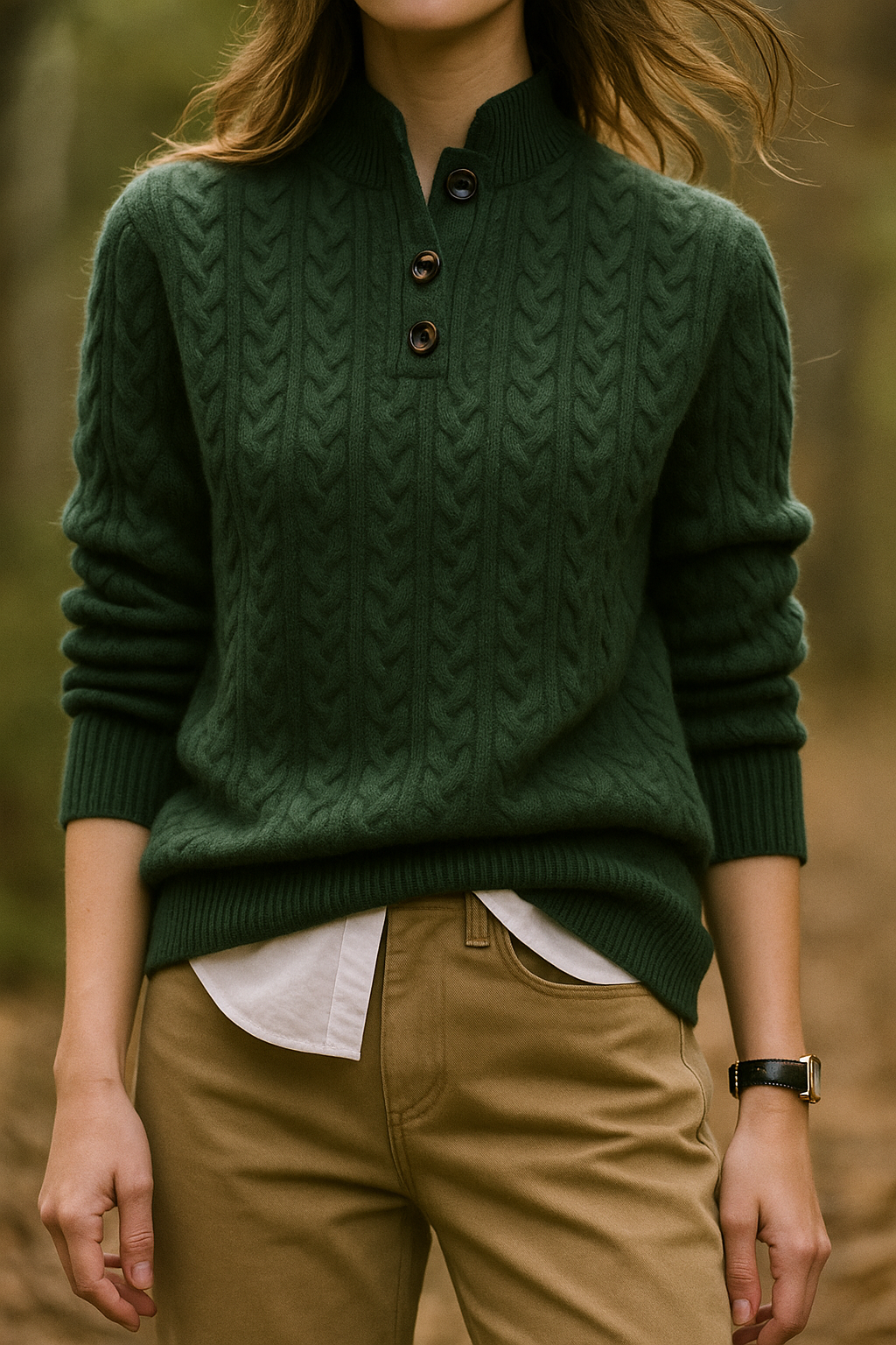 Dark Green button neck cable sweater - Lana Fiorelli