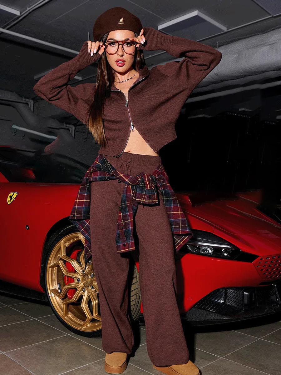 Dark Brown knit cardigan and trousers set - Lana Fiorelli