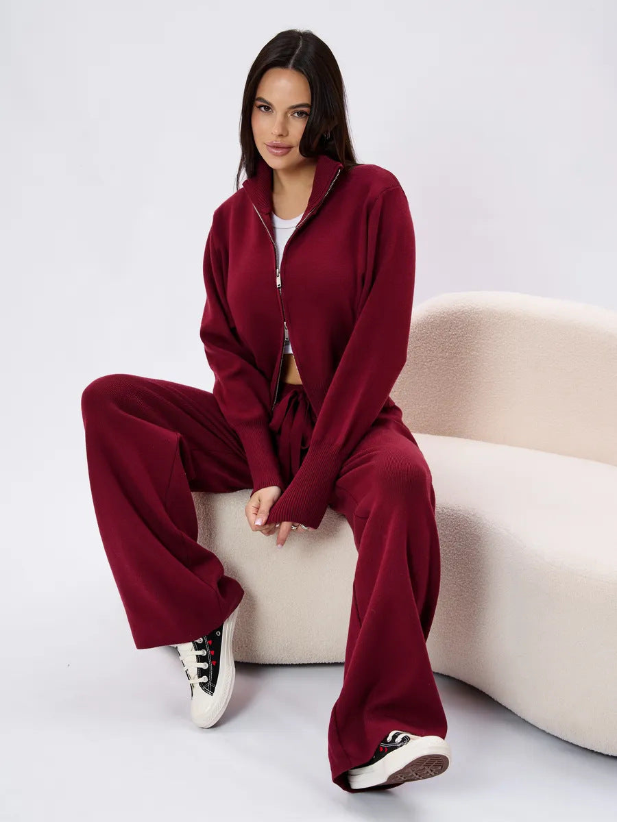 Burgundy knit cardigan and trousers set - Lana Fiorelli