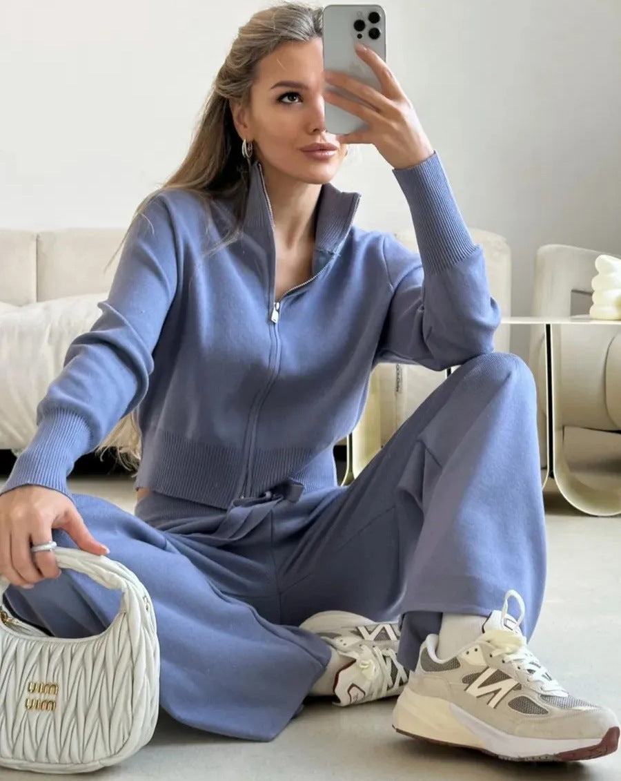 Blue knit cardigan and trousers set - Lana Fiorelli