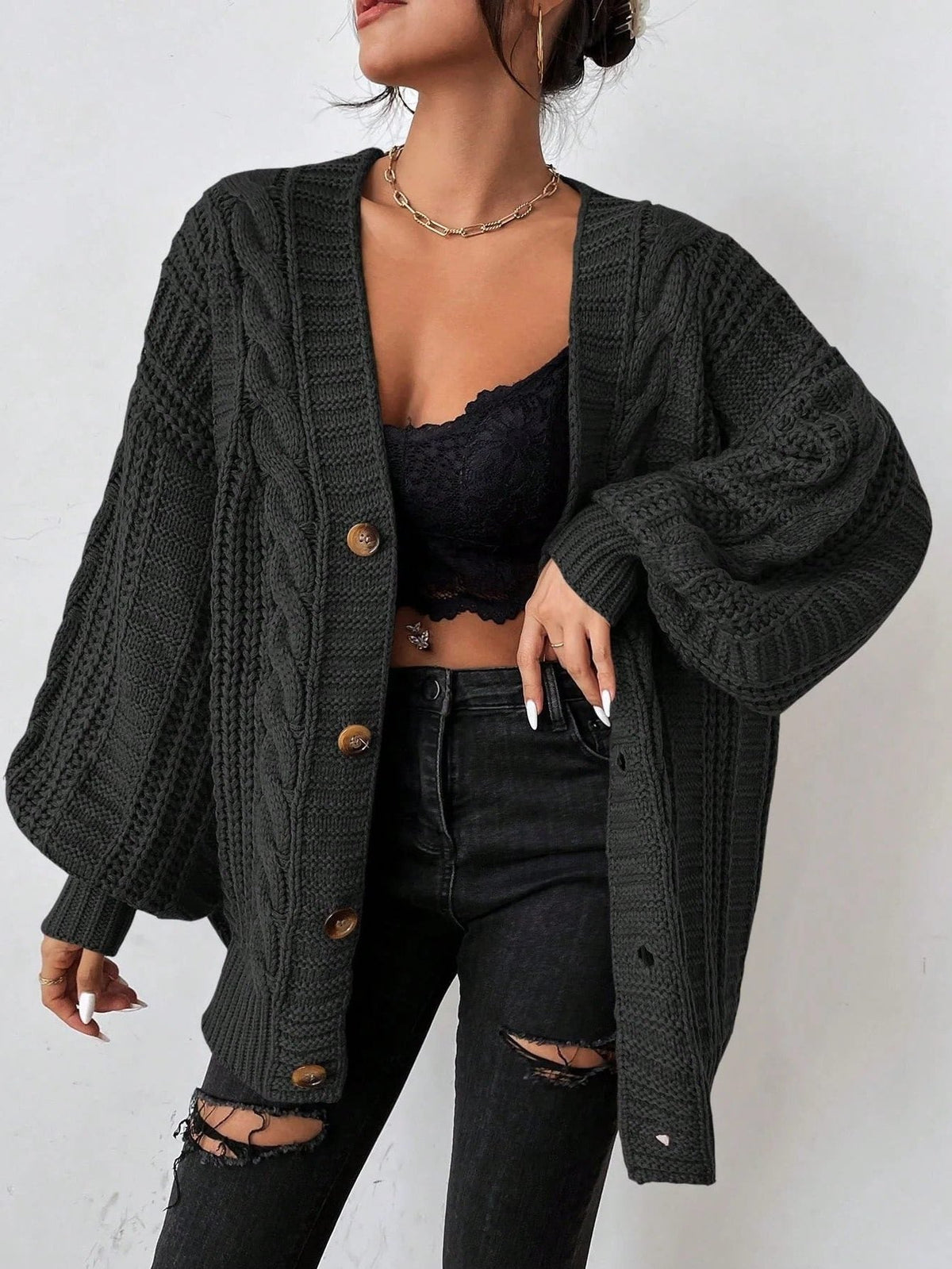 Black cable knit cardigan - Lana Fiorelli