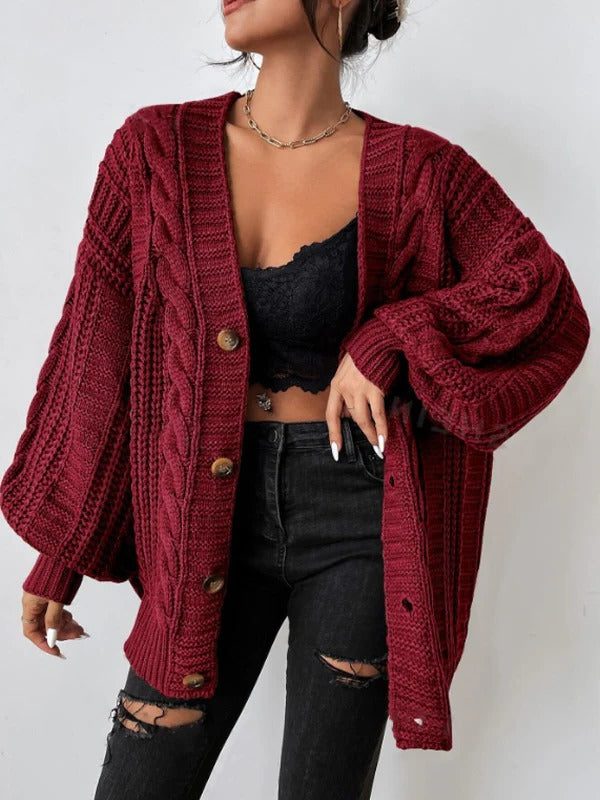 Burgundy cable knit cardigan - Lana Fiorelli