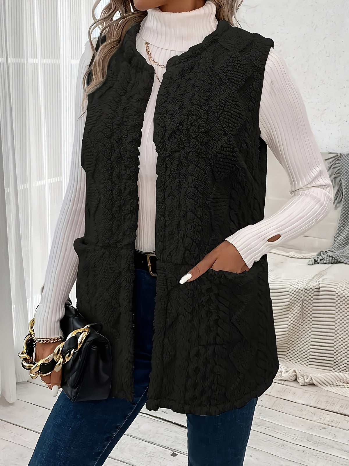 Black open front fleece gilet - Lana Fiorelli