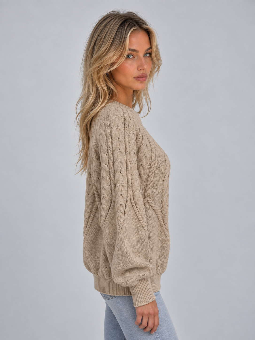 Khaki crew neck cable jumper - Lana Fiorelli