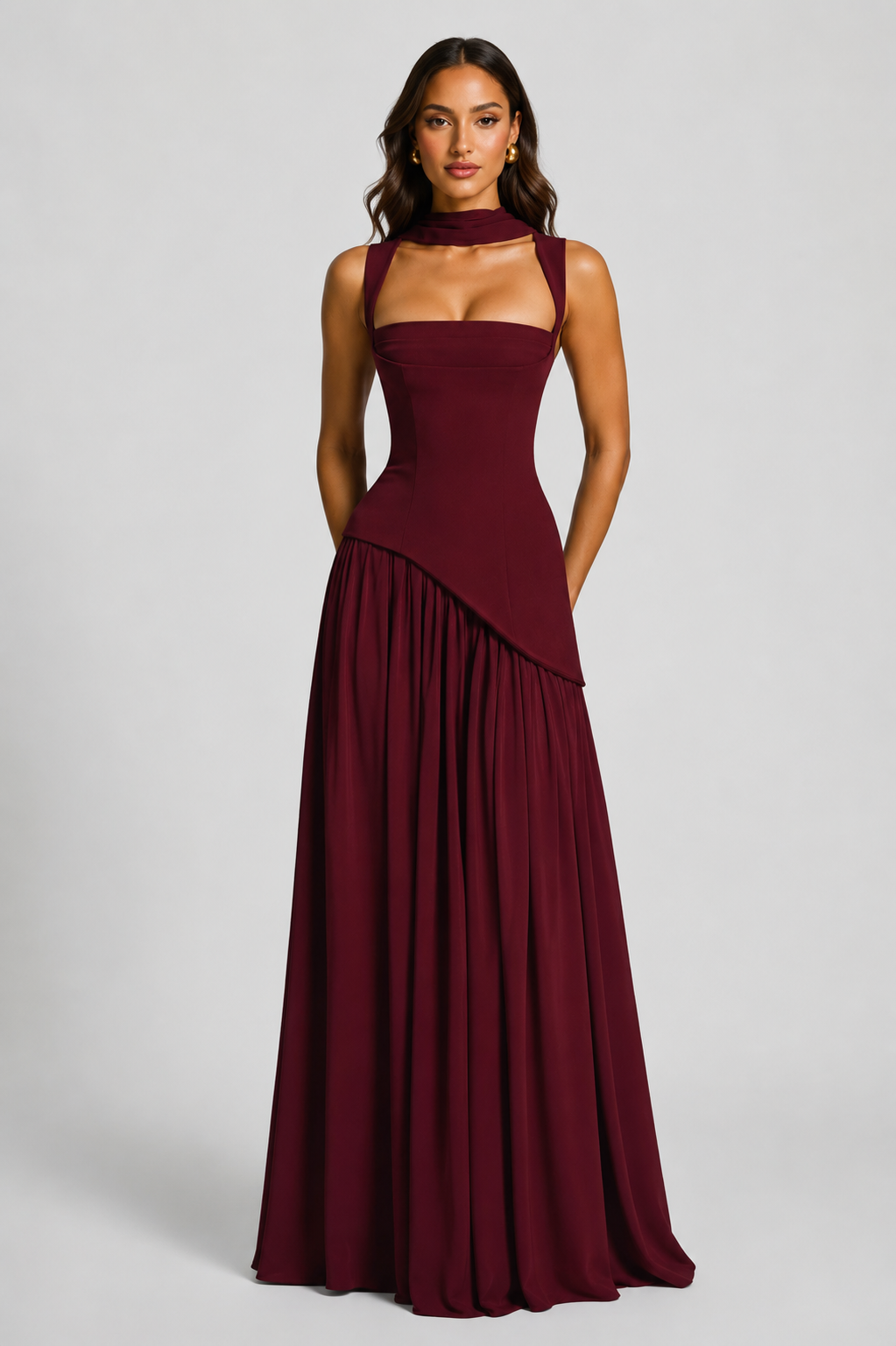 Burgundy Draped Maxi Dress - Lana Fiorelli