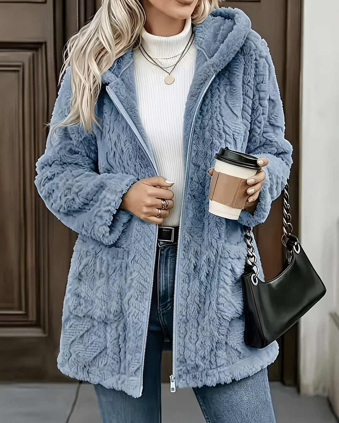 Beatrice - Cardigan Donna in Pile con Cappuccio e Zip - Marrone Scuro - foto 2