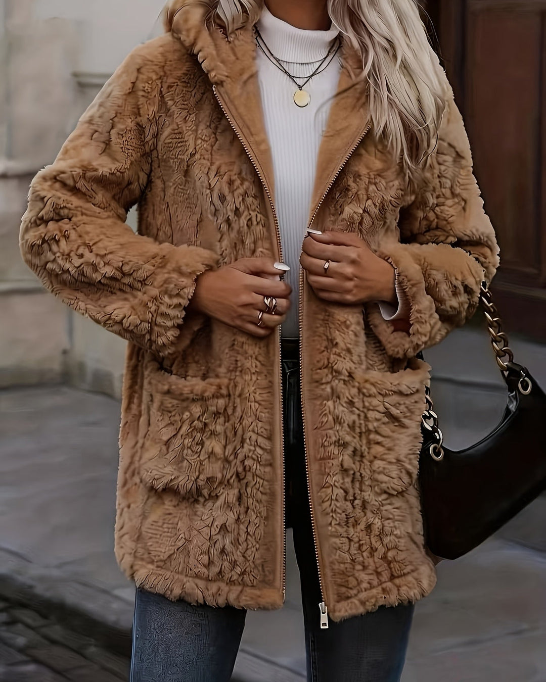 Beatrice - Cardigan Donna in Pile con Cappuccio e Zip - Panna - foto 1