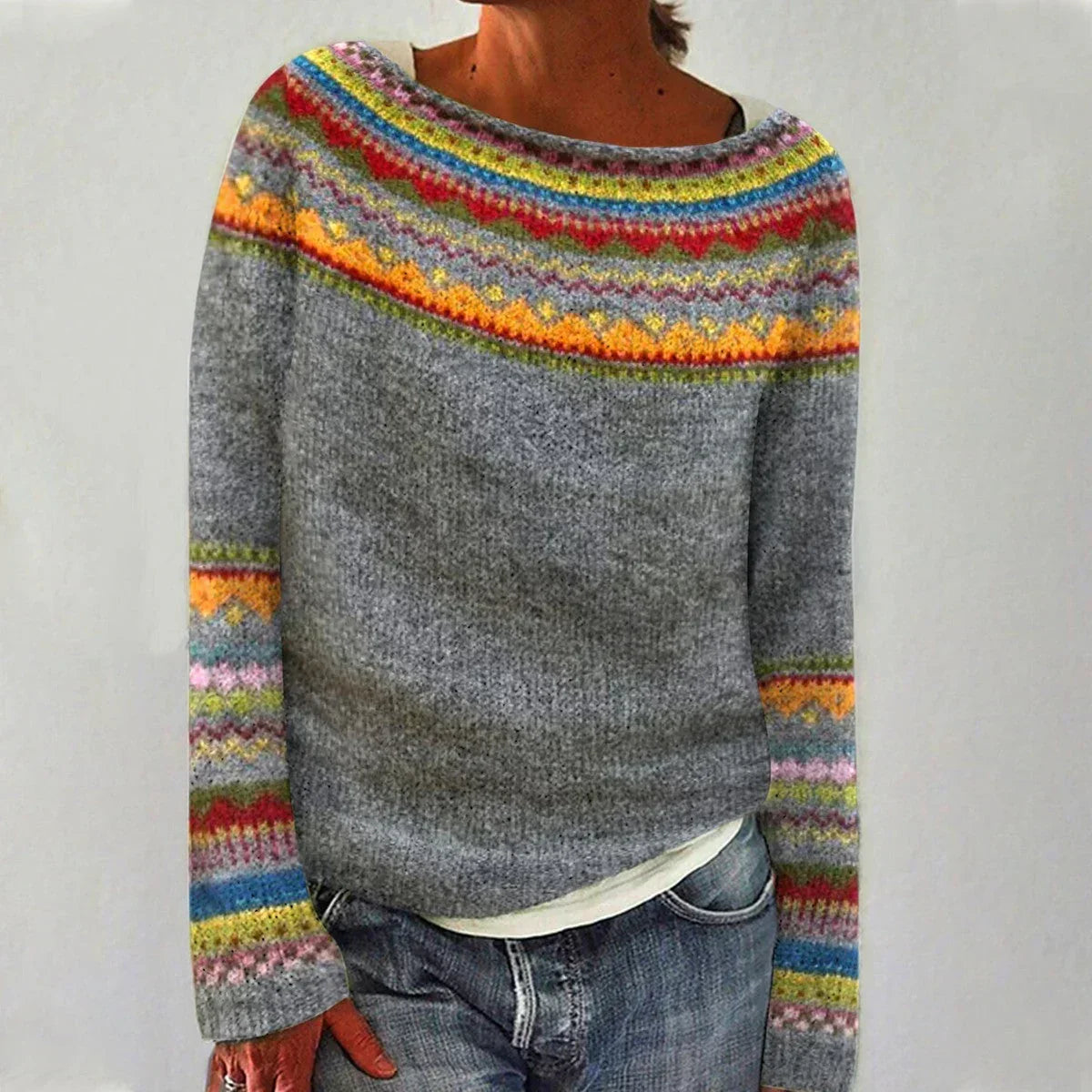 Grey Multicolour nordic knit sweater - Lana Fiorelli