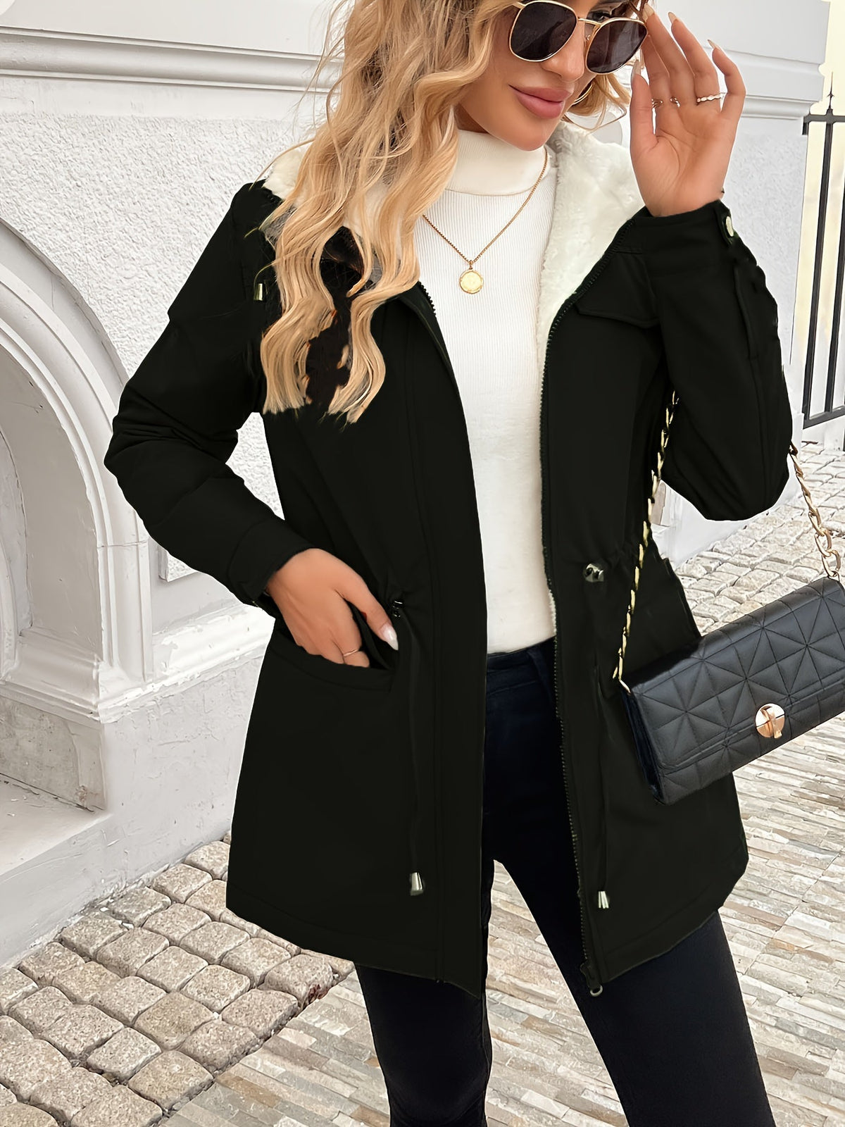 Black hooded drawstring winter jacket - Lana Fiorelli