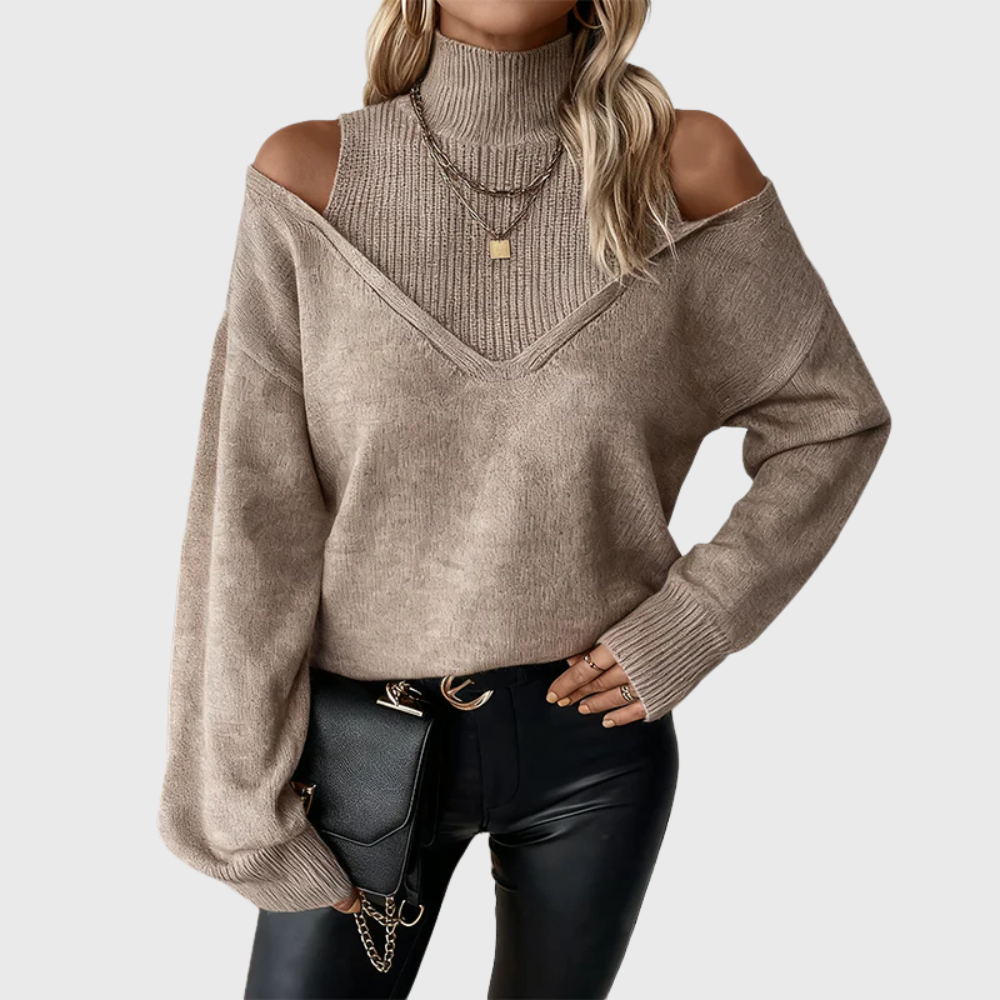 Khaki cold shoulder turtleneck sweater - Lana Fiorelli