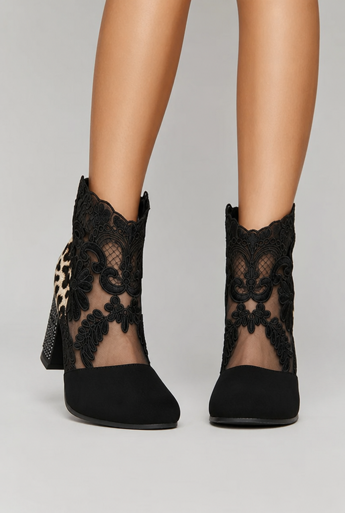 Black Leopard floral lace ankle boots - Lana Fiorelli
