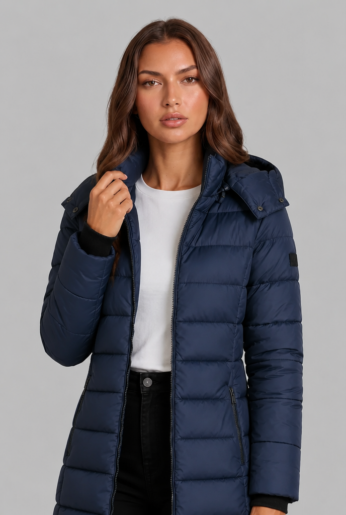 Navy puffer coat Side View - Lana Fiorelli