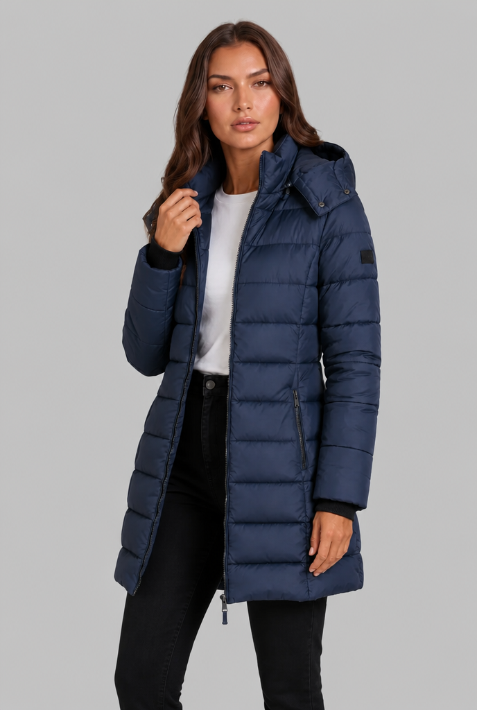 Navy puffer coat Back View - Lana Fiorelli