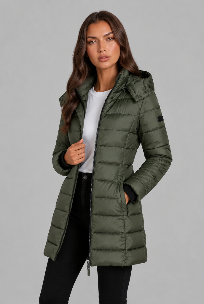 Khaki puffer coat Back View - Lana Fiorelli