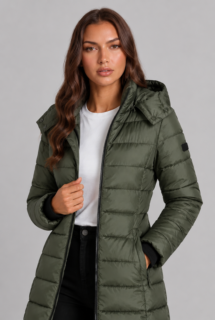 Khaki puffer coat Side View - Lana Fiorelli