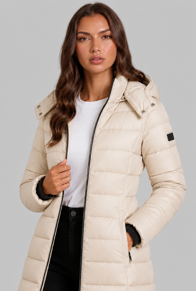 Beige puffer coat Side View - Lana Fiorelli
