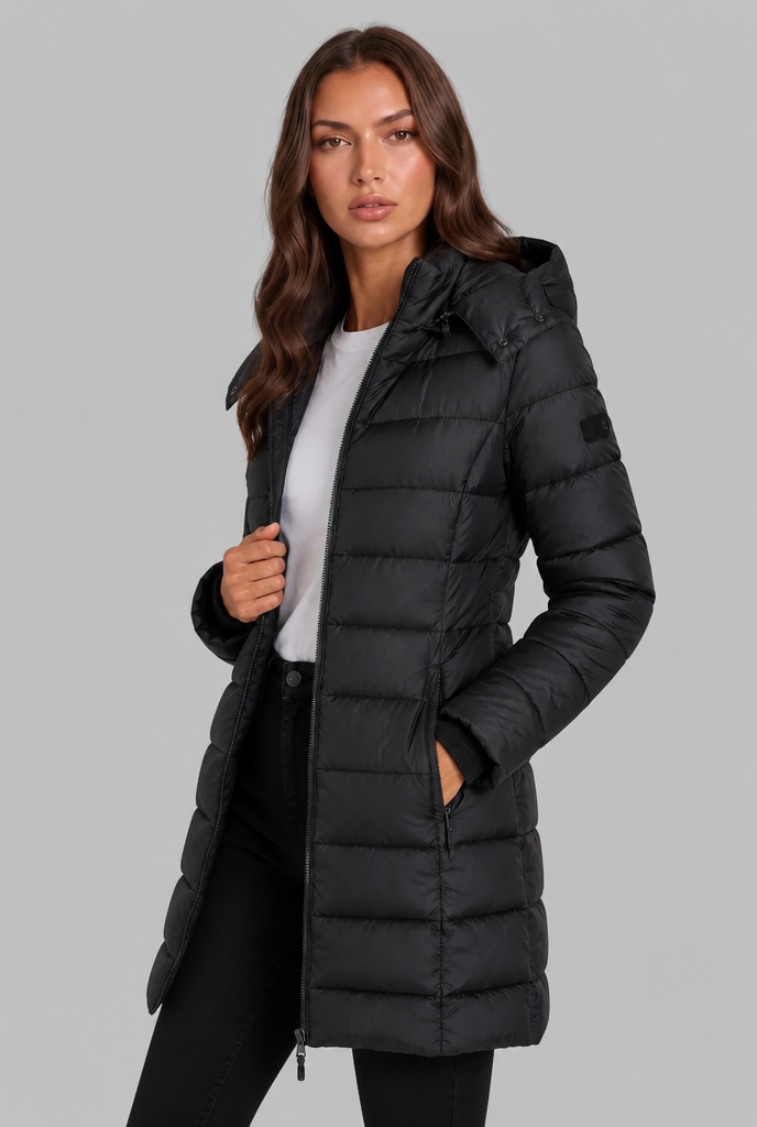 Black puffer coat Side View - Lana Fiorelli