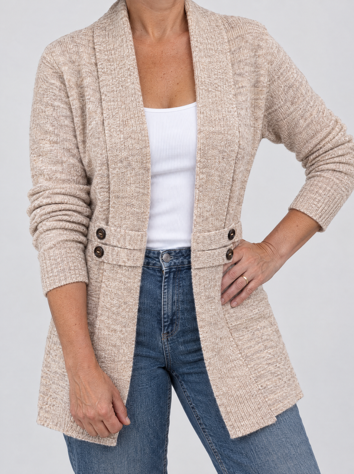 Cardigan Donna Lungo Doppiopetto con Collo a Scialle