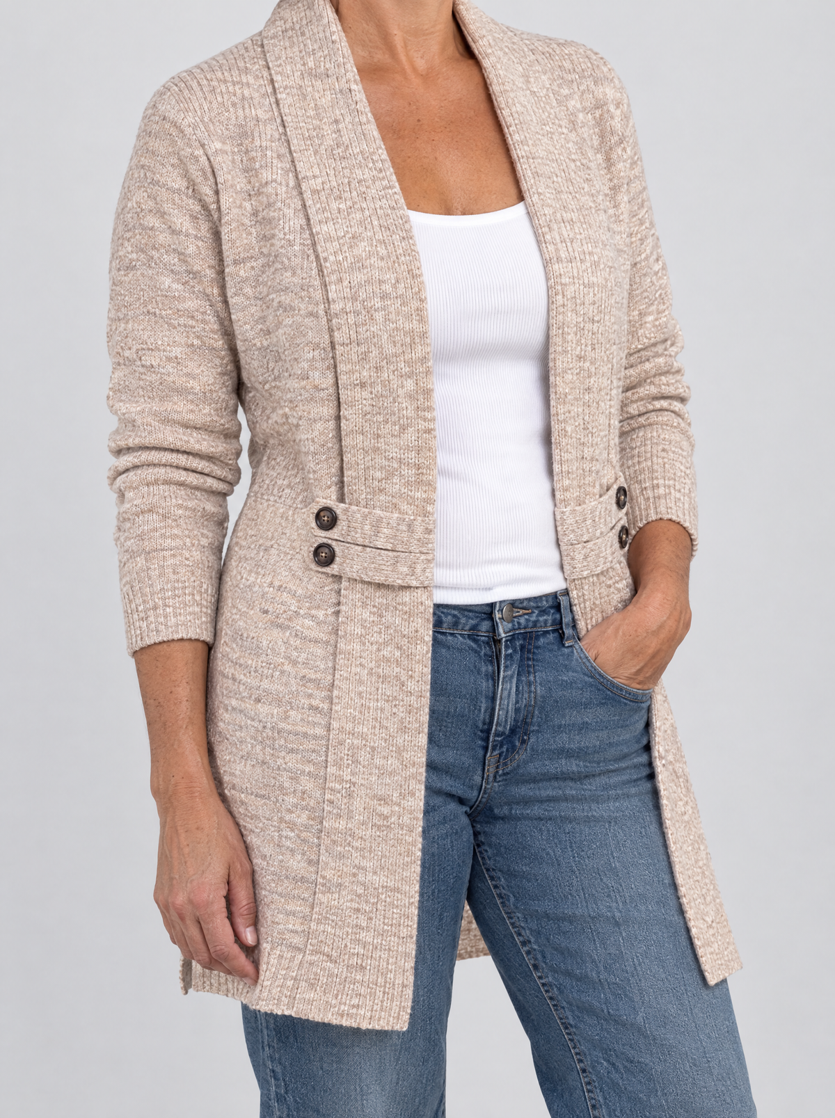 Cardigan Donna Lungo Doppiopetto con Collo a Scialle