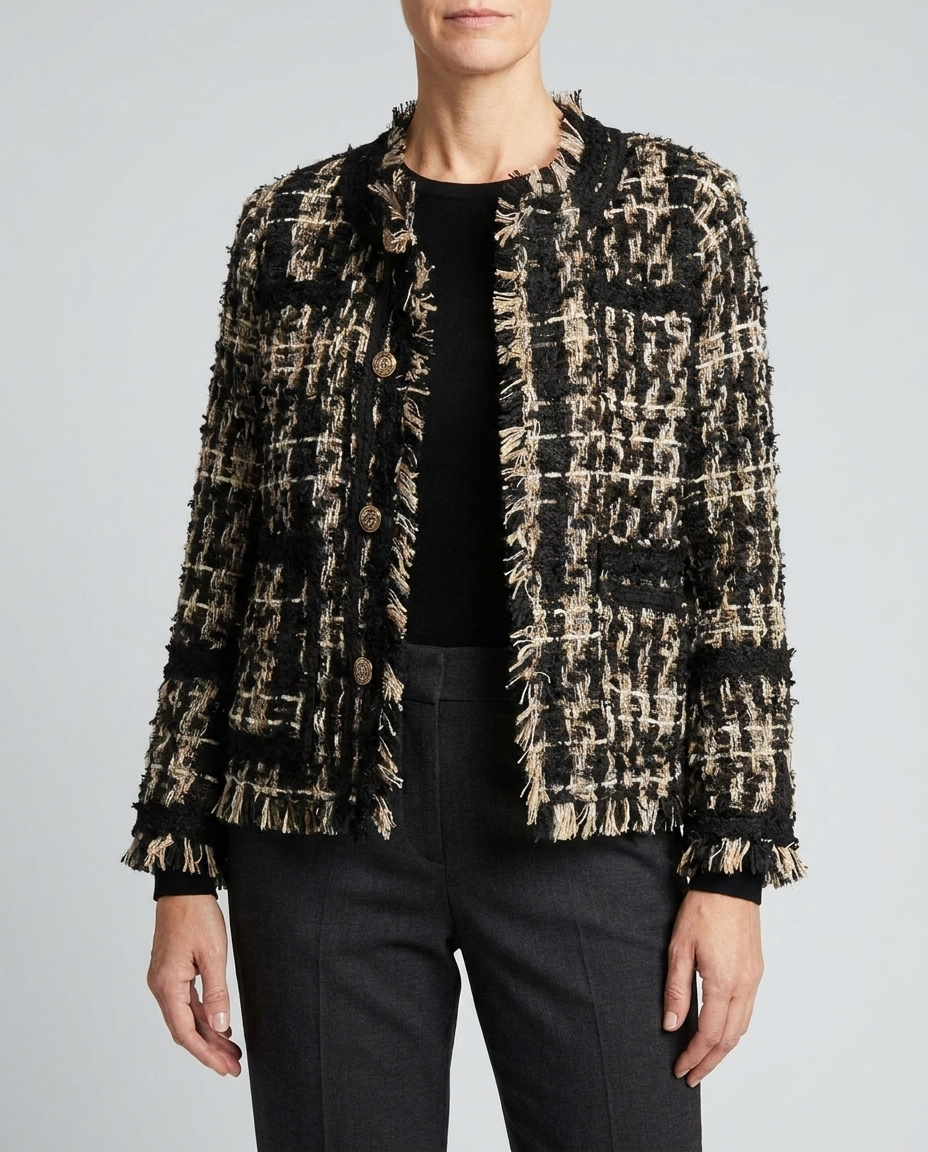 Blazer Donna in Tweed Sfrangiato con Bottoni e Taschino