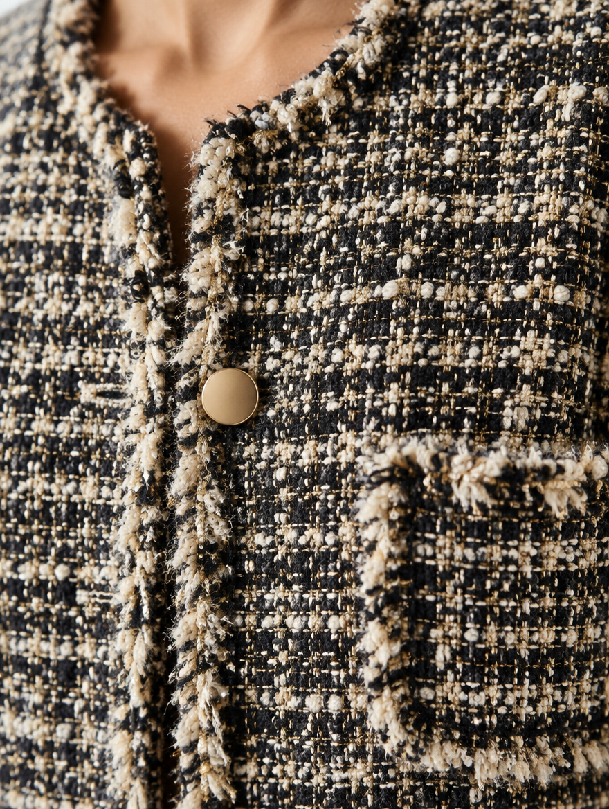 Blazer Donna in Tweed Sfrangiato con Bottoni e Taschino