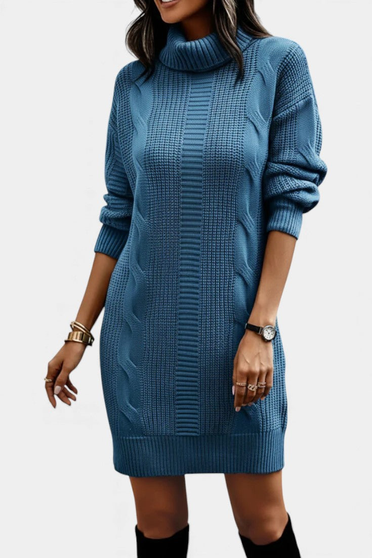 Light Blue turtleneck cable knit dress - Lana Fiorelli