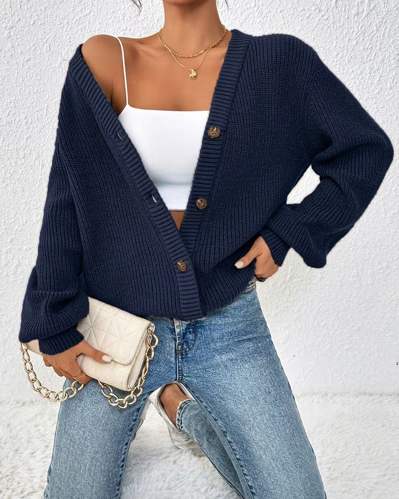 Cardigan Donna Lungo Scollo a V con Bottoni Elasticizzato