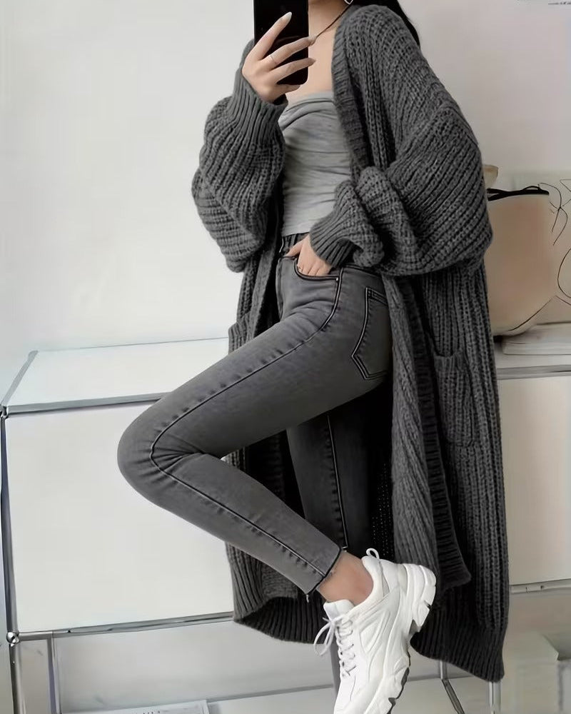 Cardigan Donna Girocollo con Tasche in Maglia per l'Autunno