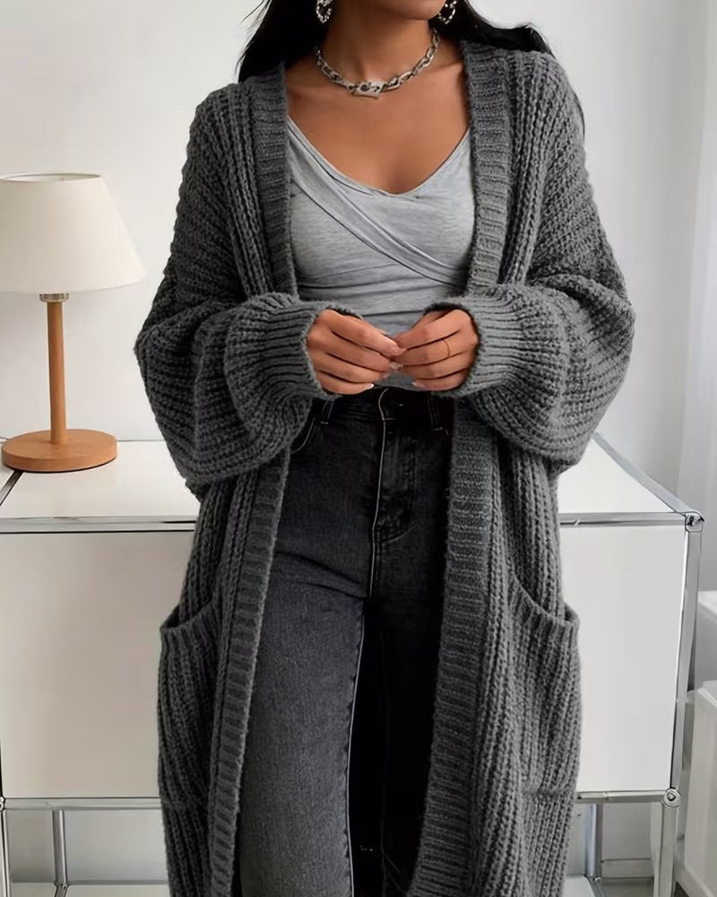Cardigan Donna Girocollo con Tasche in Maglia per l'Autunno