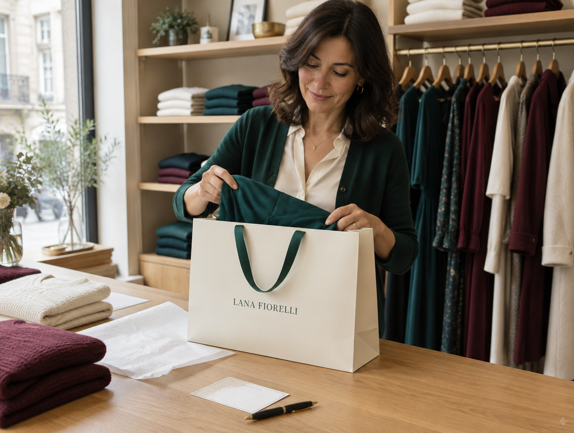 Consulente Lana Fiorelli ripone un abito verde petrolio nella shopping bag in boutique
