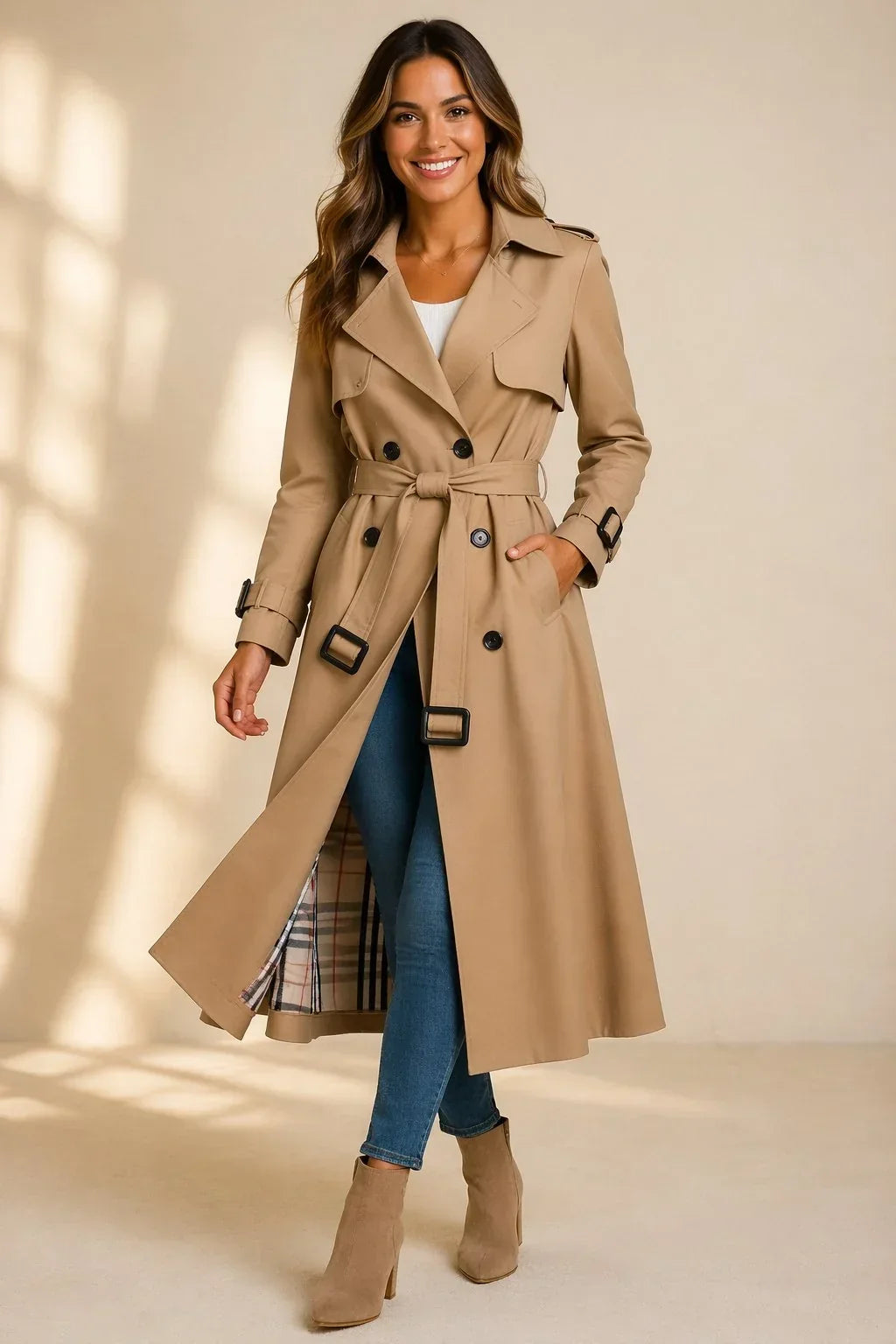 Beige long double breasted trench coat - Lana Fiorelli