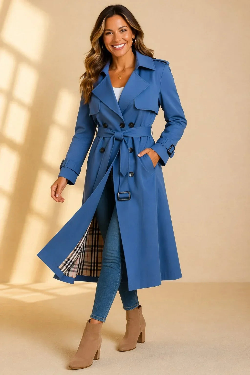 Blue long double breasted trench coat - Lana Fiorelli