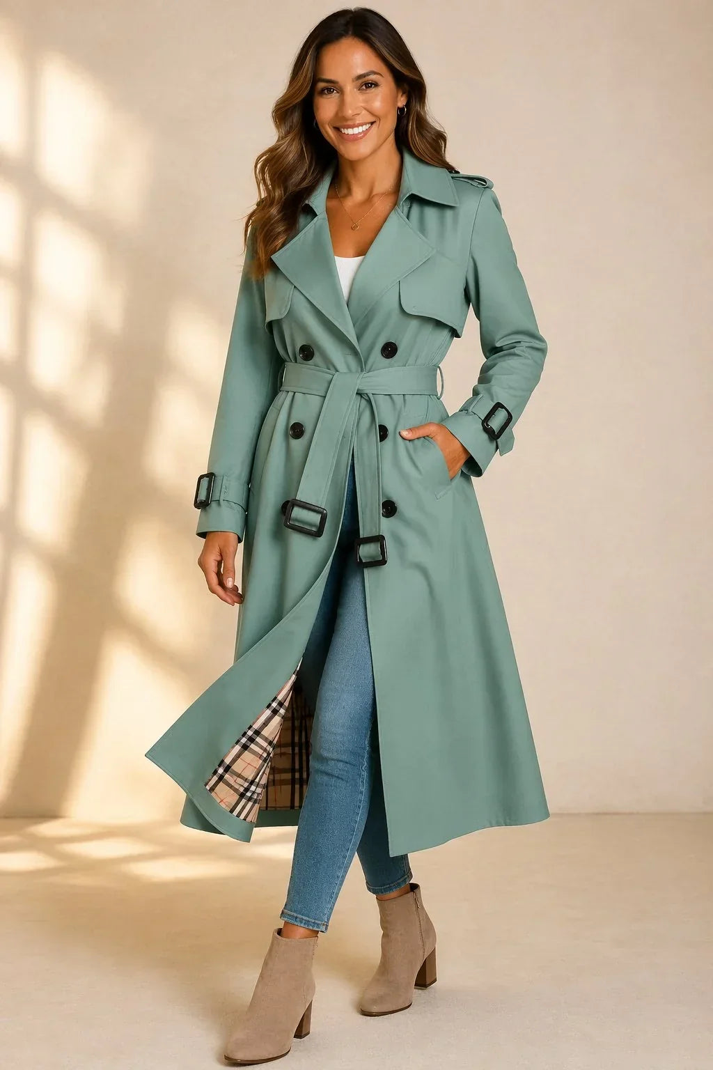 Green long double breasted trench coat - Lana Fiorelli