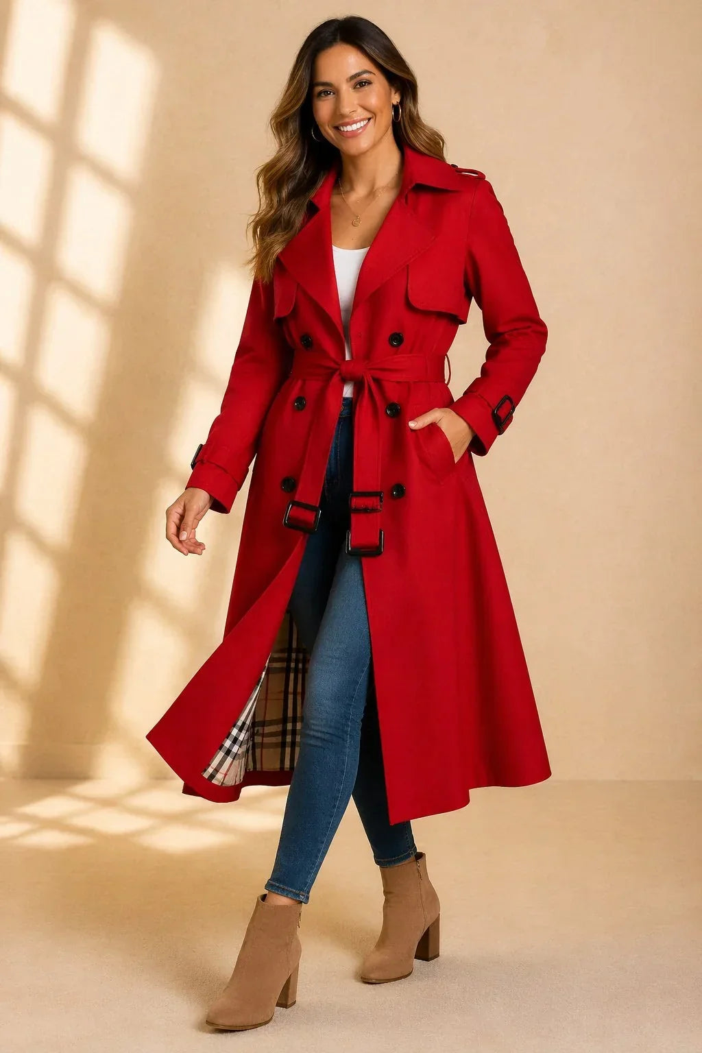 Red long double breasted trench coat - Lana Fiorelli